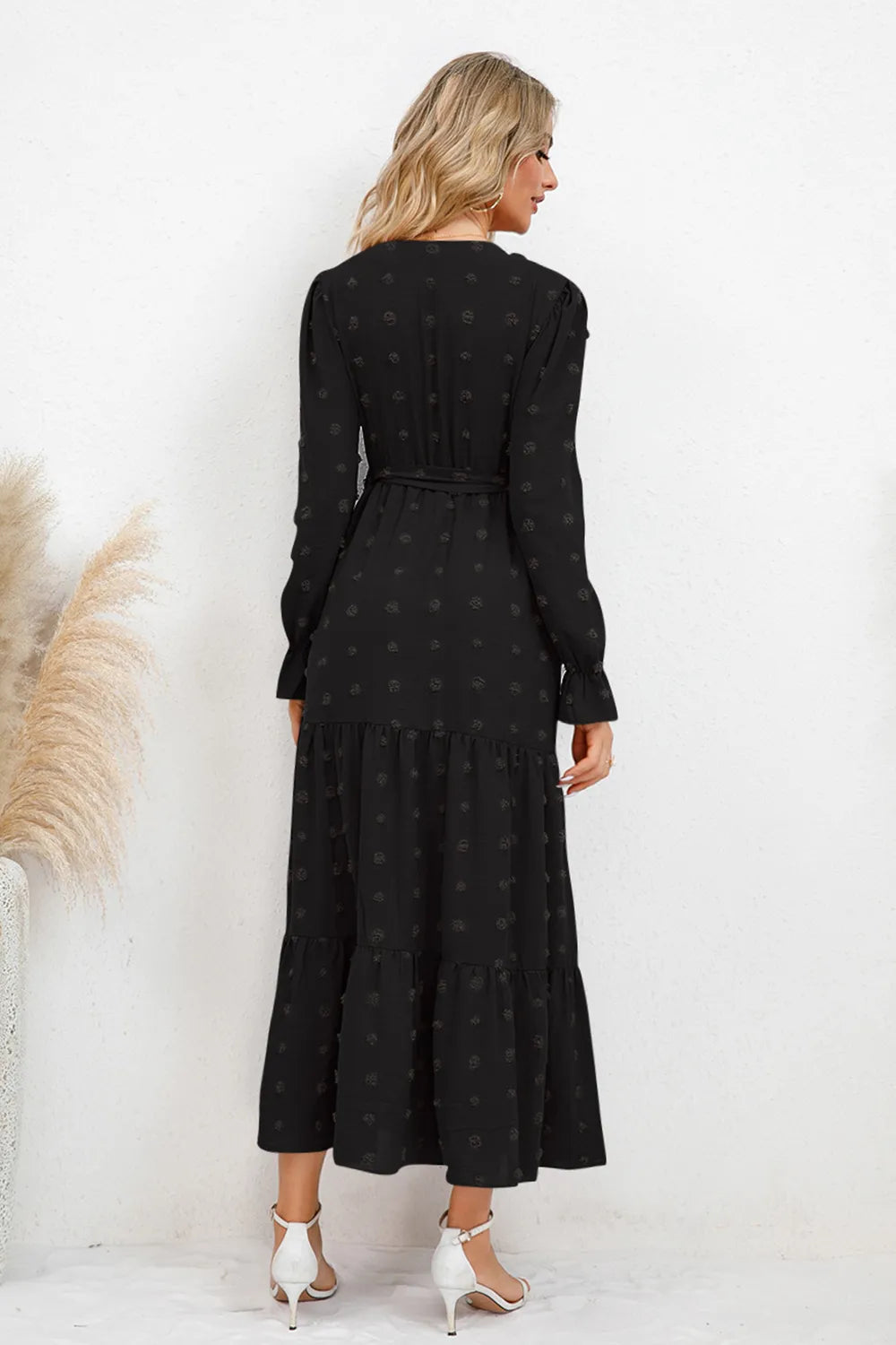 Swiss Dot Tied Surplice Flounce Sleeve Dress - alternate view 11