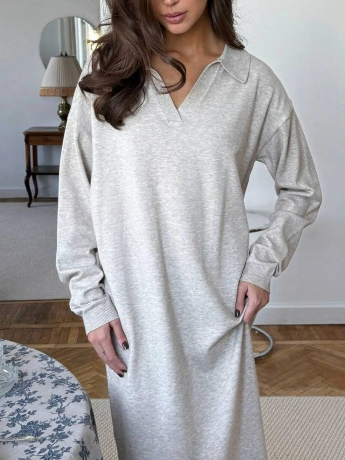 Long Sleeve Collared Neck Knit Dress - alternate view 12