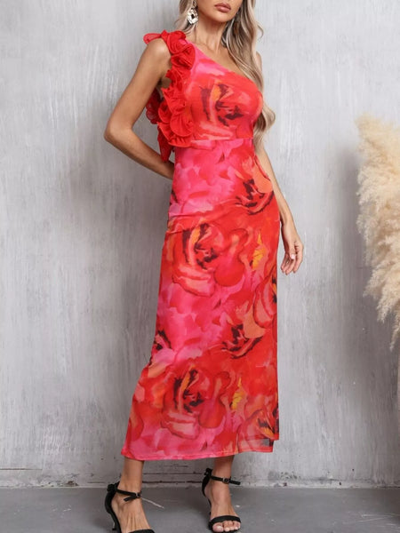 Floral Print One Shoulder Ruffle Trim Dress - alternate view 2
