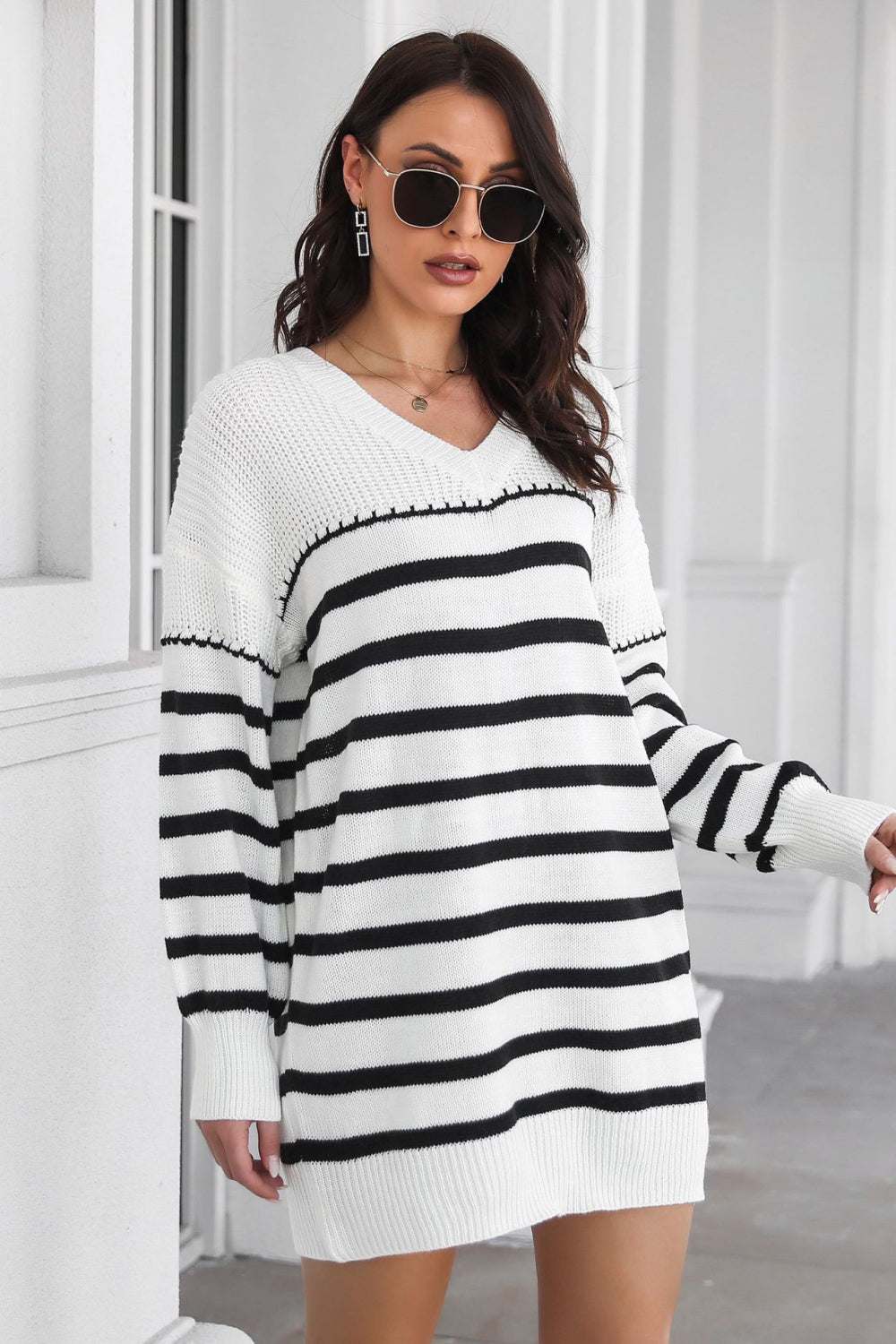 Striped V-Neck Drop Shulder Sweater Dress - alternate view 3
