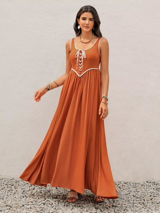 Contrast Trim Lace-Up Maxi Tank Dress