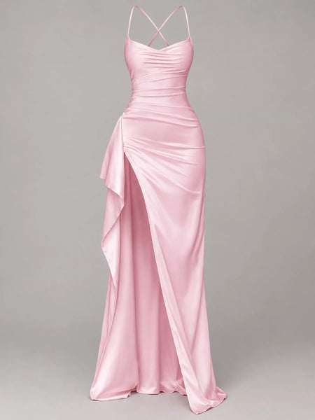 Satin Ruched High-Slit Maxi Dress - alternate view 11