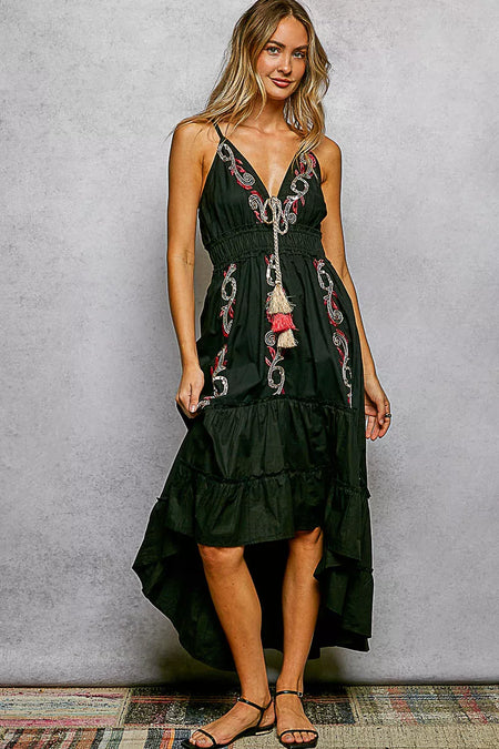 POL Embroidered Detail Tassel Tie Smocked Waist Midi Tiered Cami Dress - alternate view 3