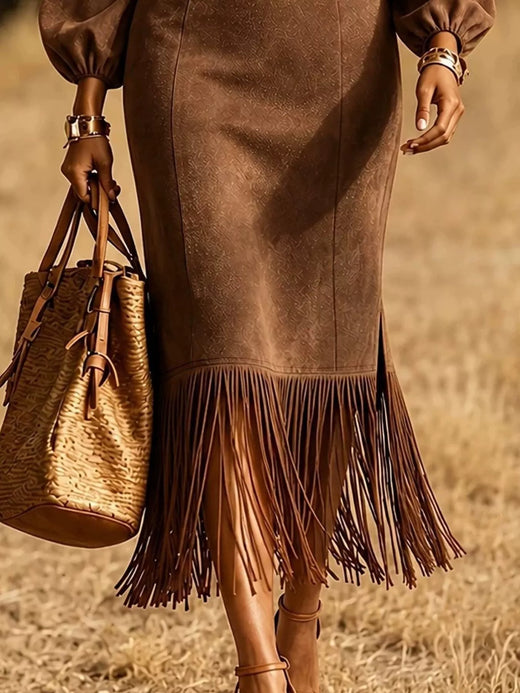 Fringe Hem Balloon Sleeve Midi Dress - alternate view 2