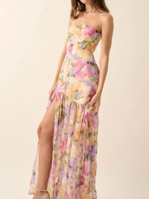 Strapless Floral Maxi Dress with Side Slit - alternate view 4
