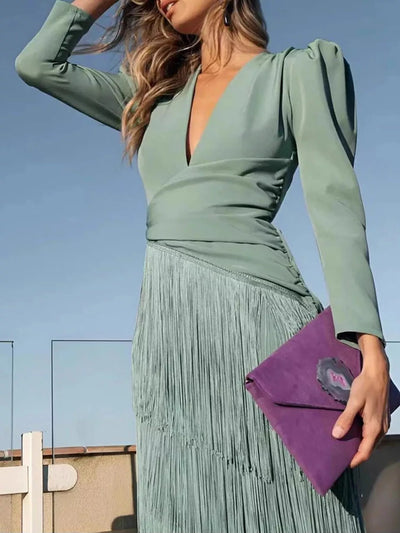 Fringed V-Neck Puff Sleeve Maxi Dress