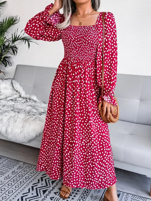 Smocked Square Neck Flounce Sleeve Dress - alternate view 6