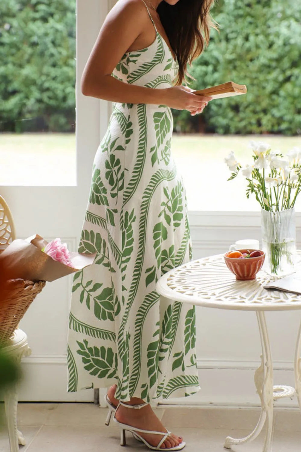 Leaf Print Slit V-Neck Midi Cami Dress - alternate view 4