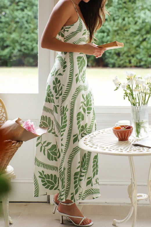 Leaf Print Slit V-Neck Midi Cami Dress - alternate view 4