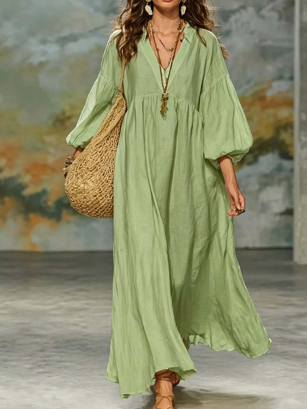 Full Size Notched 3/4 Sleeve Maxi Dress Plus Size - alternate view 6