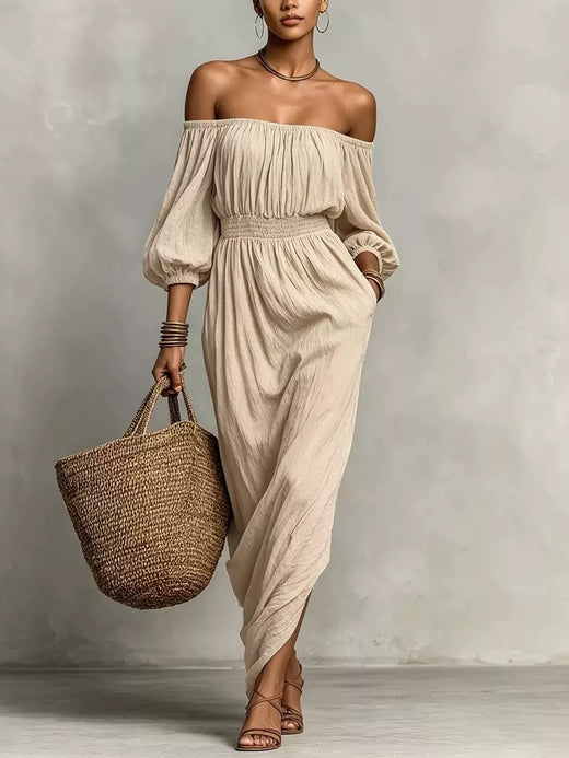 Off-Shoulder Smocked Waist Maxi Dress