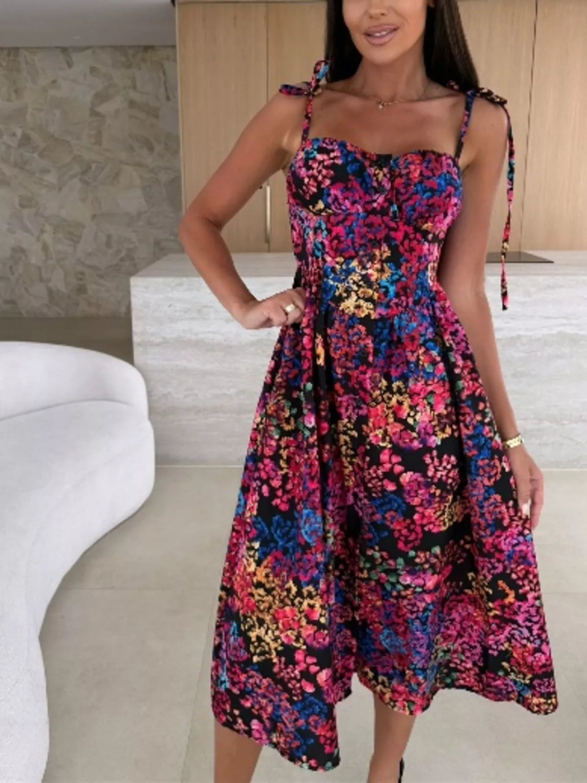 Printed Tie-Strap Midi Dress - alternate view 4