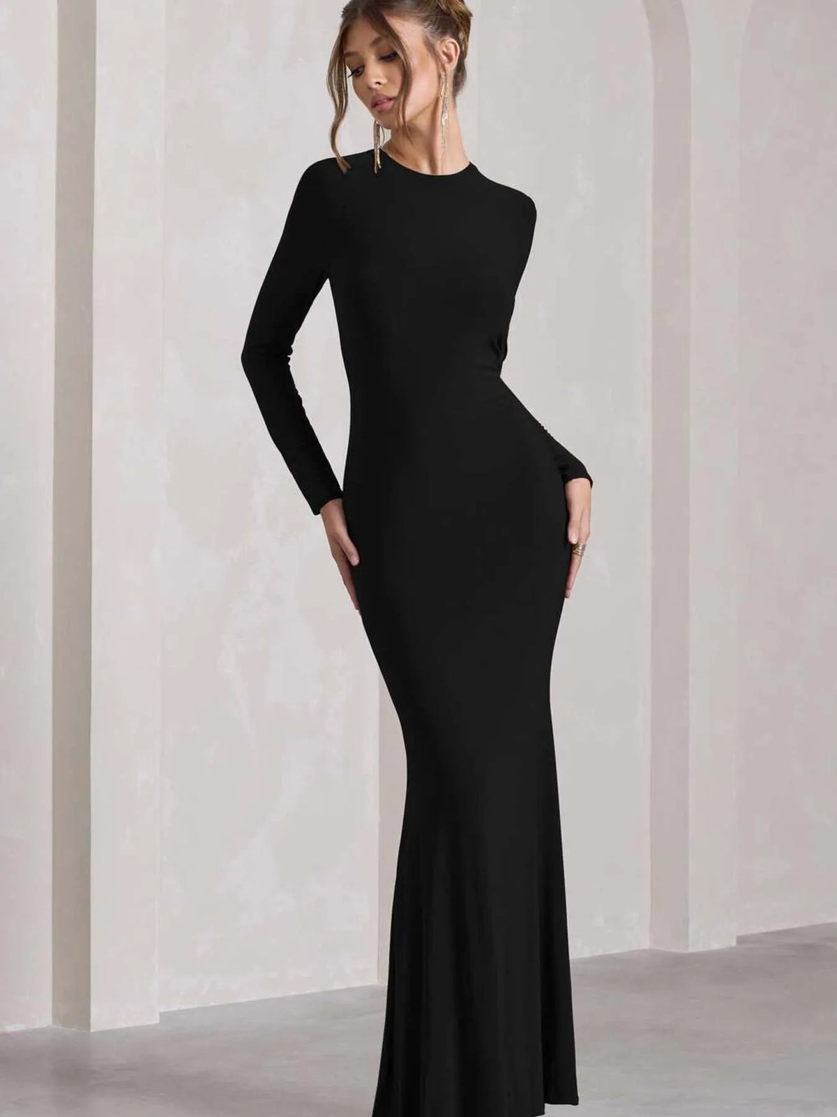 Round Neck Long Sleeve Bodycon Maxi Dress - alternate view 2