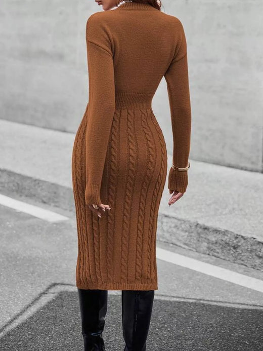Full Size Mock Neck Cable Knit Sweater Dress with Front Slit Plus Size - alternate view 6
