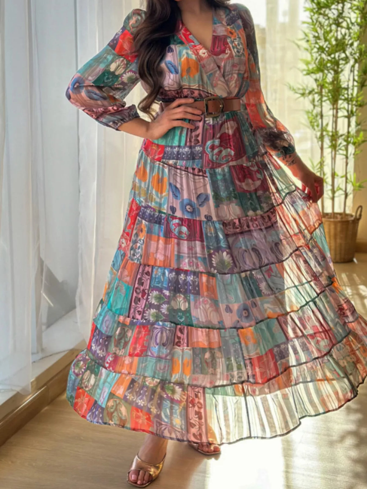 Printed Surplice Long Sleeve Maxi Dress - alternate view 4
