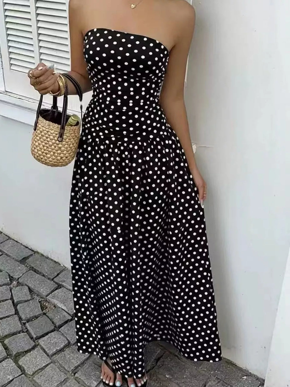 Strapless Polka Dot Ruched Maxi Dress - alternate view 9