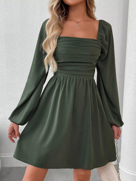 Ruched Square Neck Long Sleeve A-Line Dress - alternate view 8