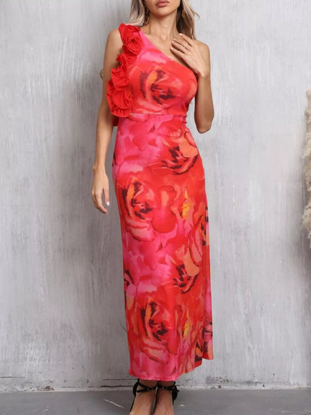 Floral Print One Shoulder Ruffle Trim Dress - alternate view 5