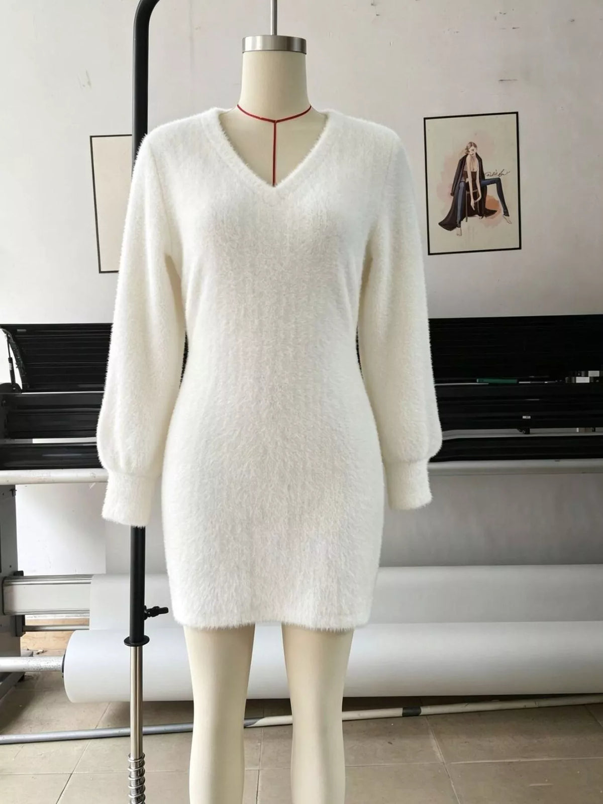 Fuzzy V-Neck Long Sleeve Sweater Dress - alternate view 7