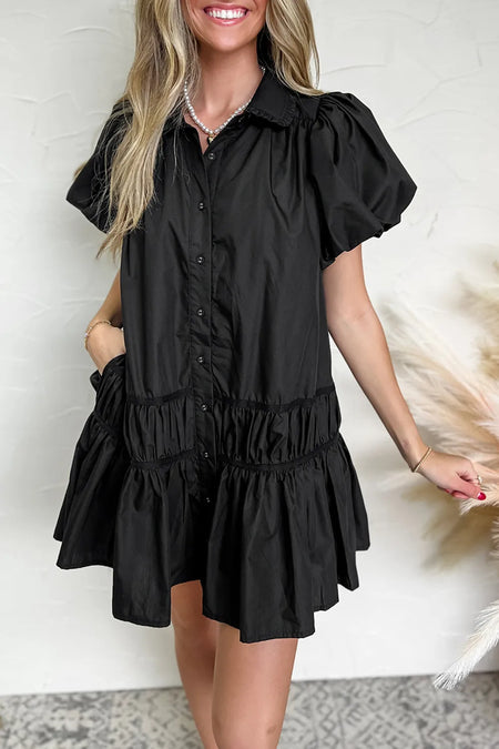 Button Down Puff Sleeve Ruffle Hem Dress - alternate view 6