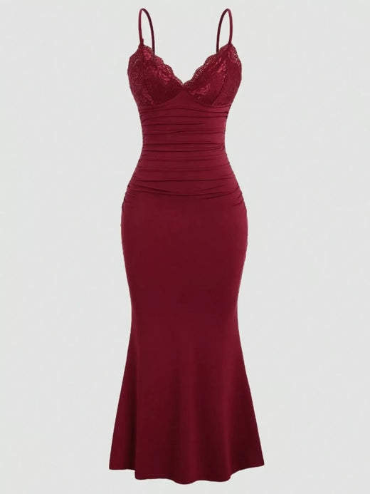 Lace Trim Ruched Mermaid Dress