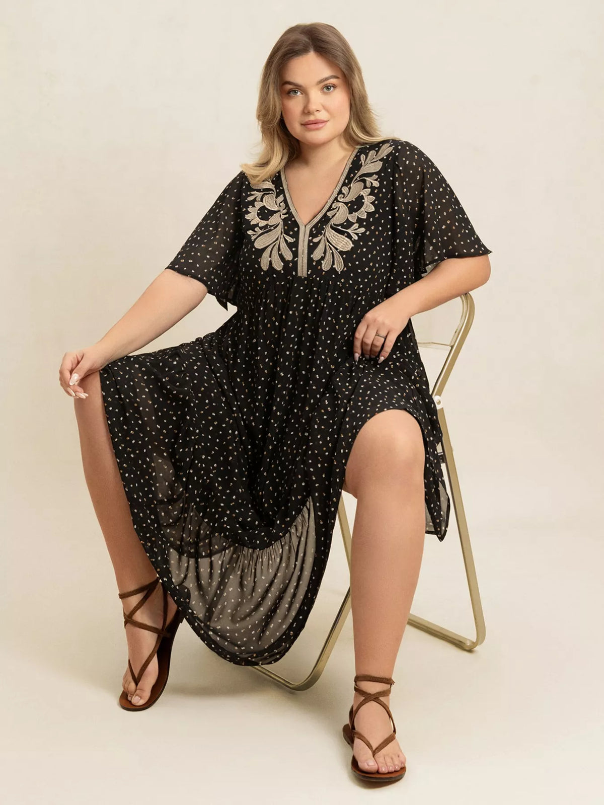 Printed V-Neck Flutter Sleeve Maxi Dress - alternate view 7