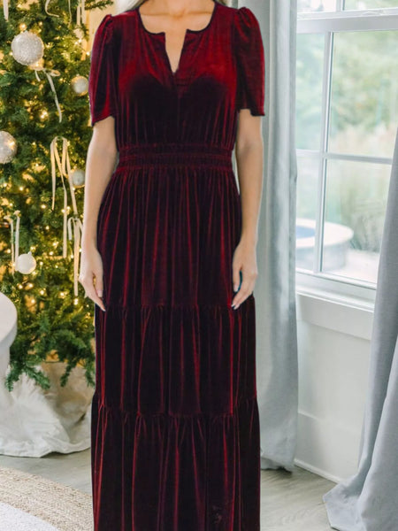 Velvet Tiered Short Sleeve Maxi Dress - alternate view 7