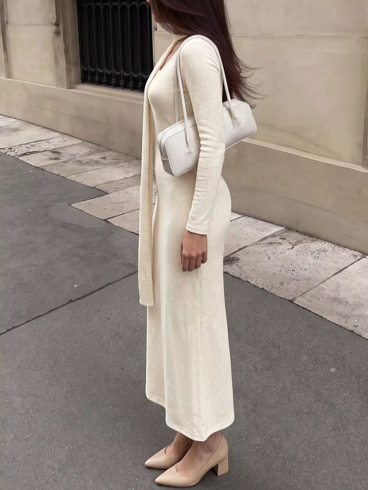 Round Neck Maxi Knit Dress with Matching Scarf - alternate view 4
