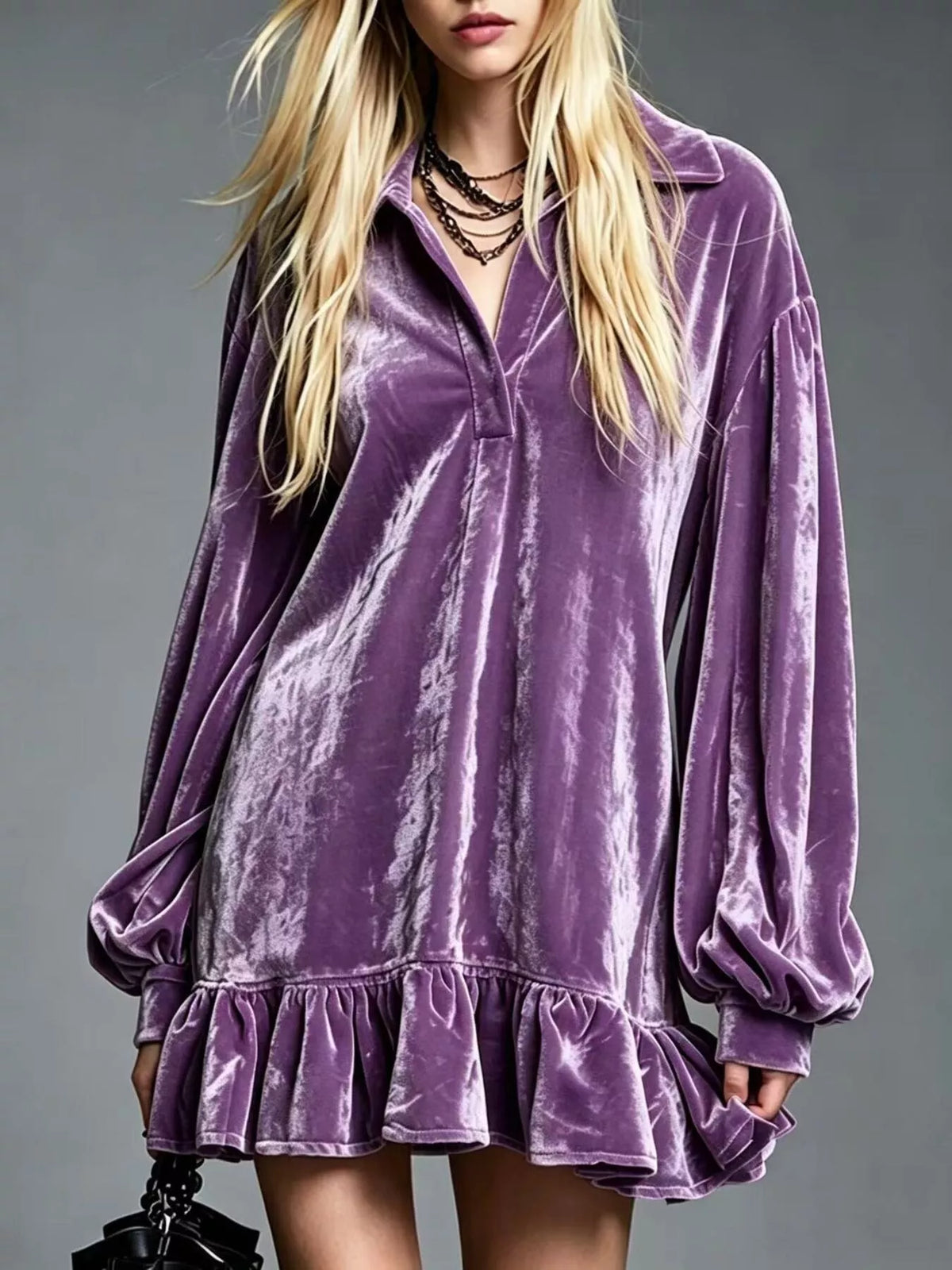 Full Size Velvet Long-Sleeve Ruffle Hem Mini Dress Plus Size - alternate view 16