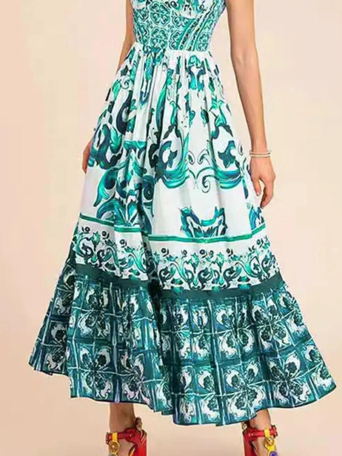 Smocked Printed Wide Strap Dress - alternate view 16