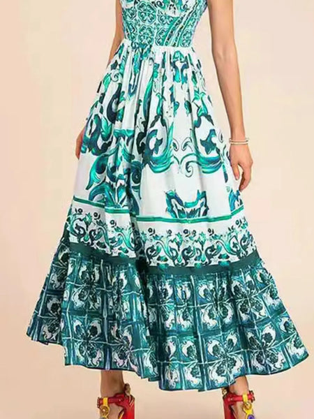 Smocked Printed Wide Strap Dress - alternate view 16
