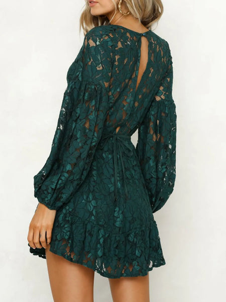 Lace V-Neck Long Sleeve Mini Dress - alternate view 3