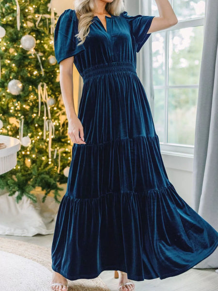 Velvet Tiered Short Sleeve Maxi Dress - alternate view 8
