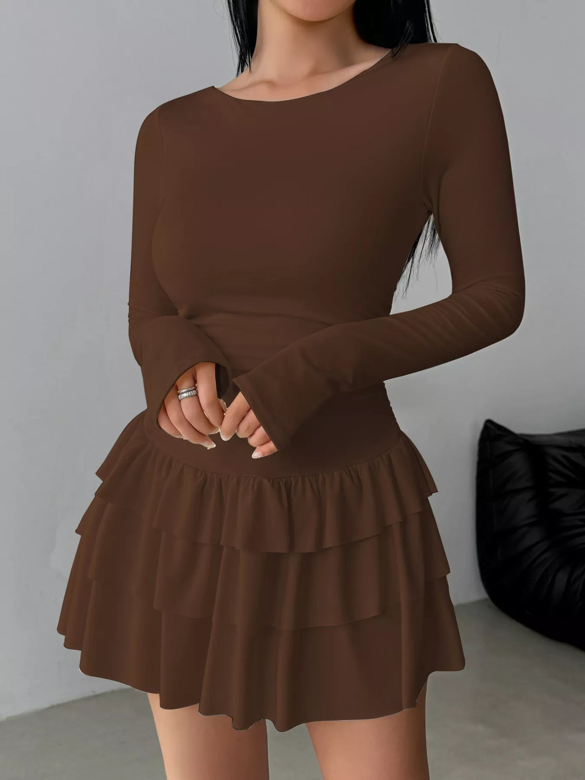 Ruched Long Sleeve Layered Ruffle Mini Dress - alternate view 6
