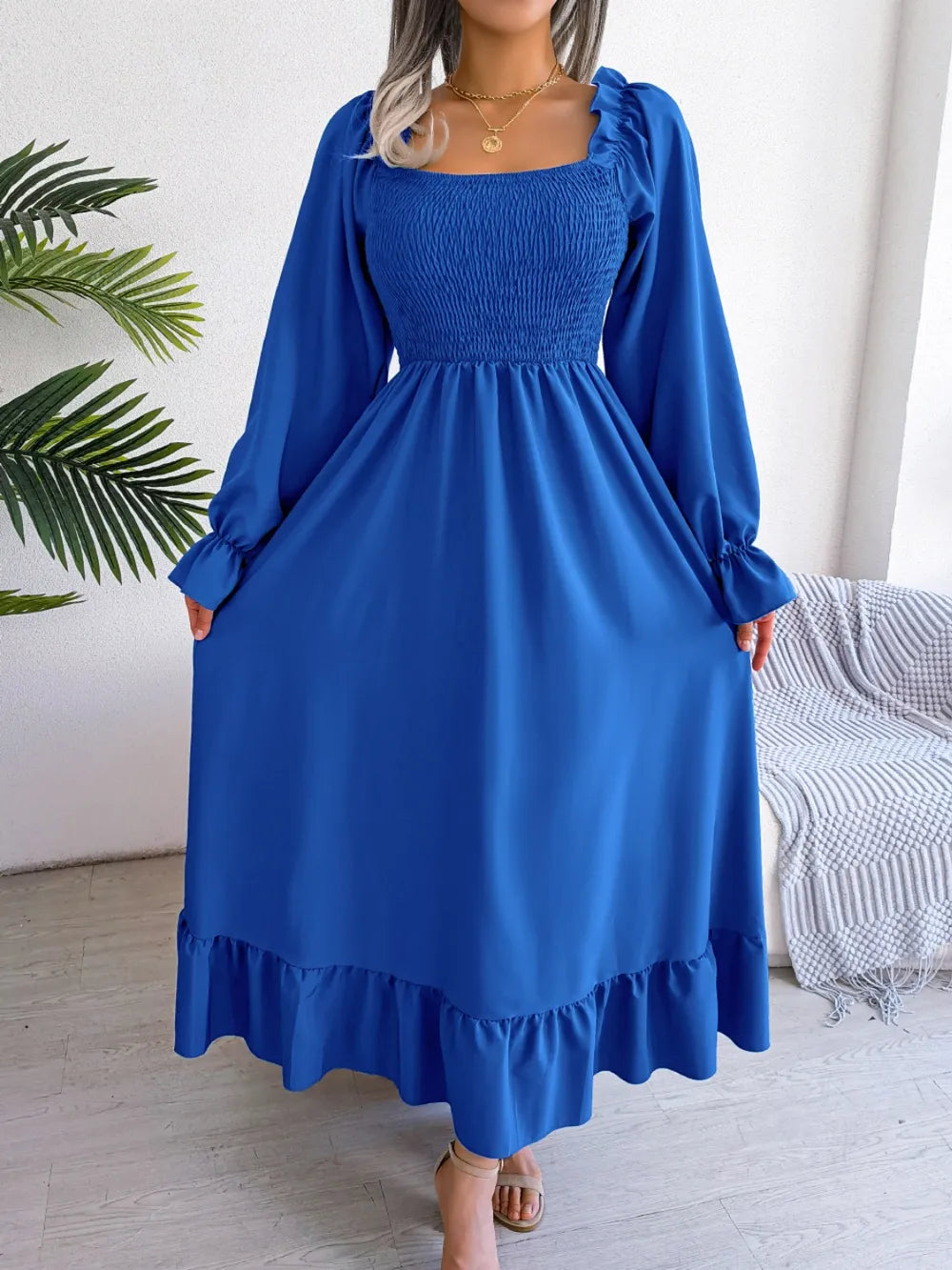 Smocked Square Neck Flounce Sleeve Dress - alternate view 27