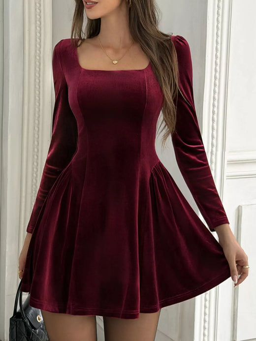 Elegant Velvet Square Neck Long Sleeve Mini Dress - alternate view 4