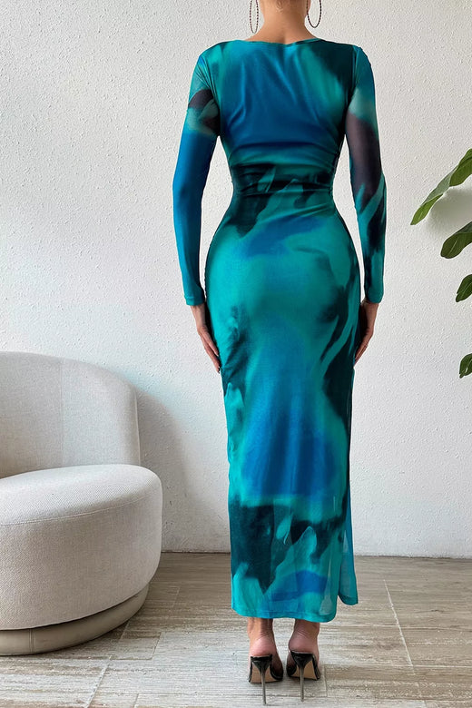 Ruched Tie-Dye Midi Dress with High Slit - alternate view 3