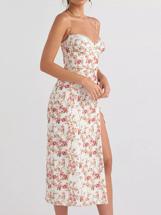 Floral Print Lace Trim Slit Midi Dress - alternate view 6