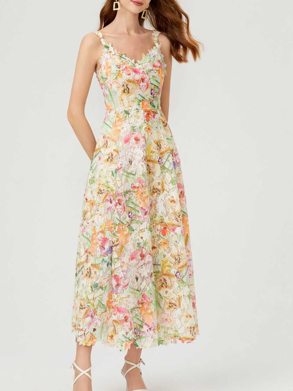 Floral Lace Sleeveless V-Neck Midi Dress - alternate view 2