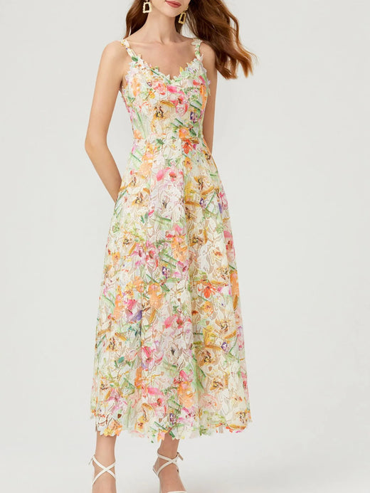 Floral Lace Sleeveless V-Neck Midi Dress - alternate view 2