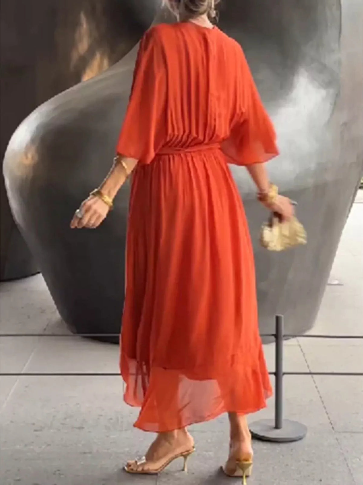 Full Size Chiffon Wrap Dress with Flutter Sleeves Plus Size - alternate view 7