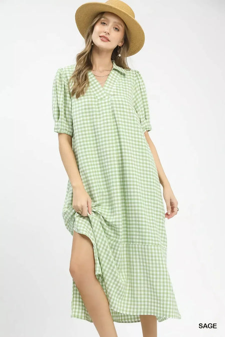 Gingham Midi Dress with Side Pockets