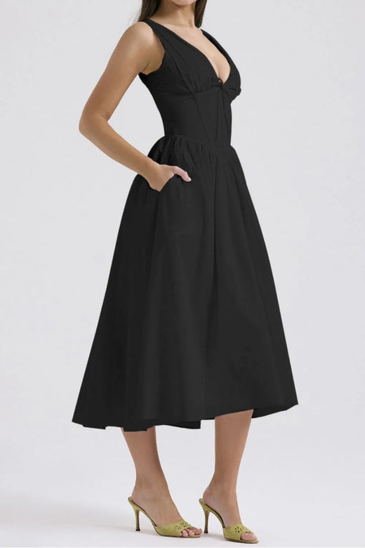Ruched V-Neck Sleeveless Dress with Pockets - alternate view 3