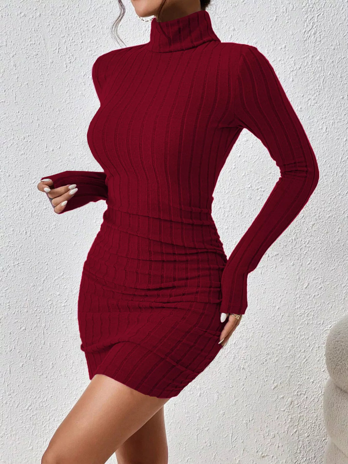 Christmas Outfit Turtleneck Ribbed Bodycon Knit Dress - alternate view 2