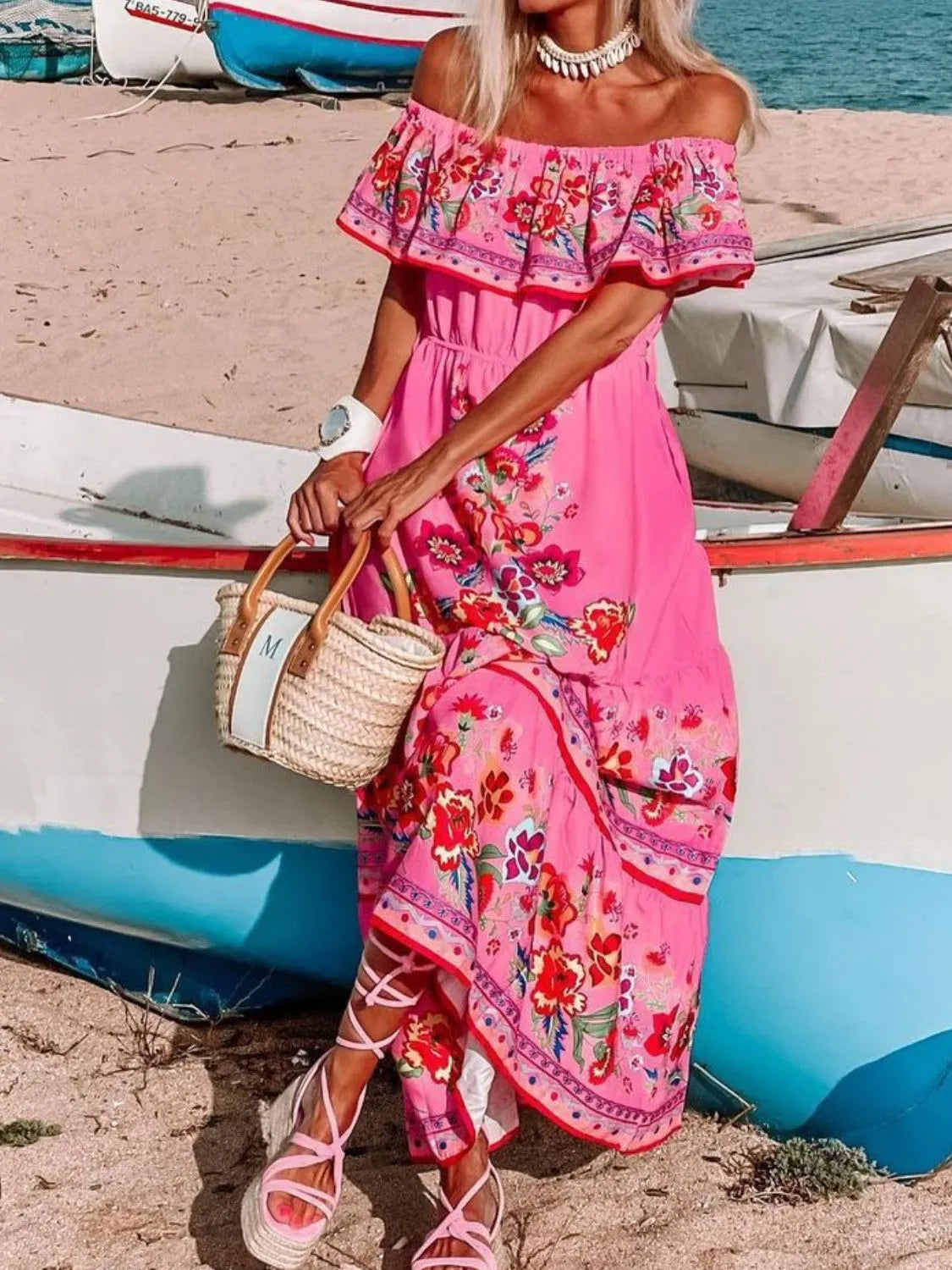 Floral Off Shoulder Ruffle Maxi Dress - alternate view 16