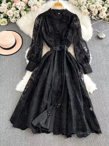 Lace Tie Waist Long Sleeve Dress - alternate view 8