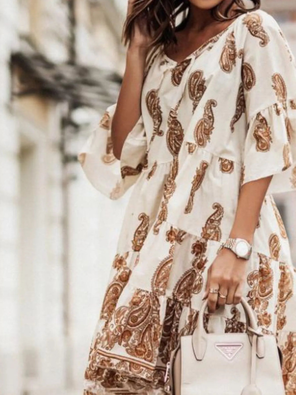 Paisley Print Tie Neck Half Sleeve Mini Dress - alternate view 2
