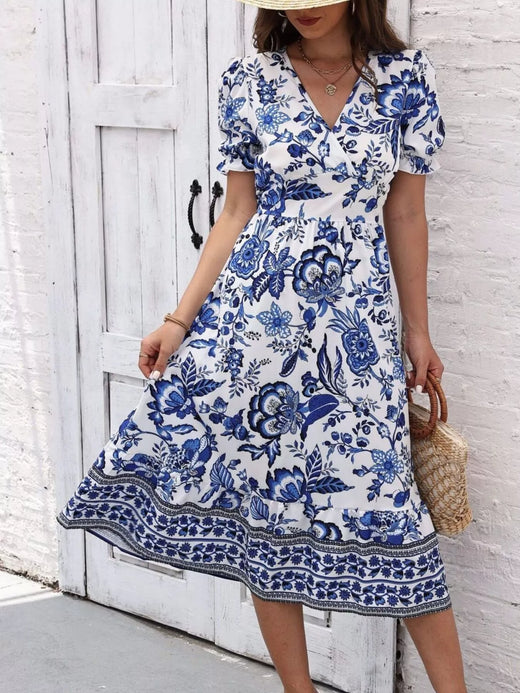 Floral Print Puff Sleeve Wrap Midi Dress - alternate view 4