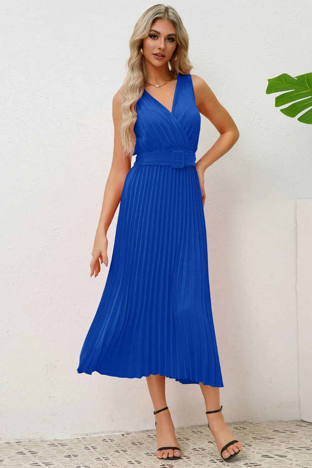 Surplice Sleeveless Midi Pleated Dress - alternate view 2