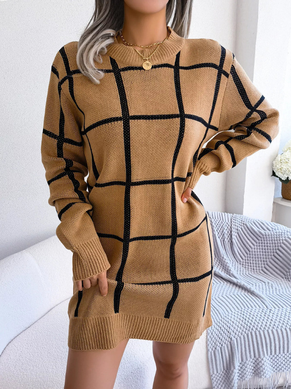 Plaid Pattern Long Sleeve Sweater Dress